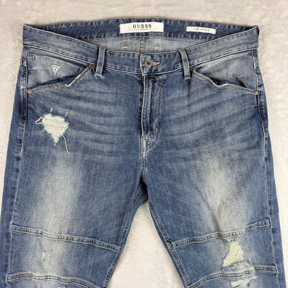 Guess Jeans Mens 34x30 Blue Slim Tapered Distressed Faded Dark Wash Denim